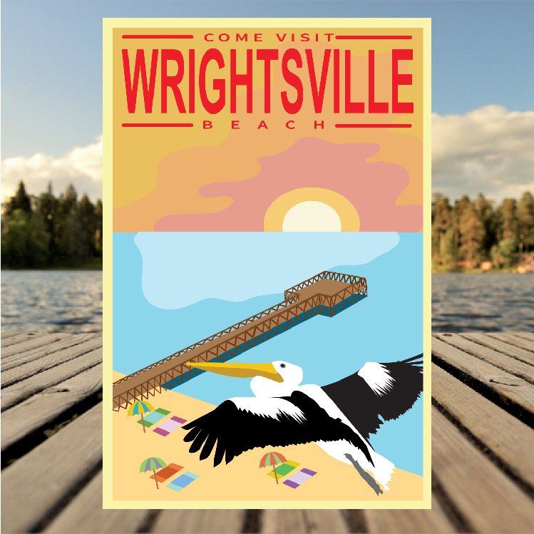 Illustration of pelican flying over beach with text that says come visit Wrightsville beach