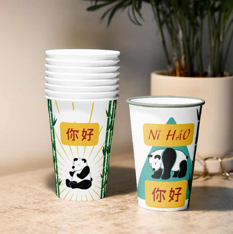 2 cups with pandas and bamboo on them