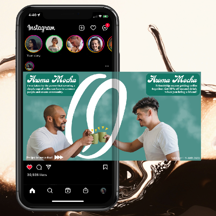 instagram ad on phone with men drinking coffee