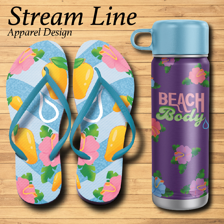 colorful flip flops with a purple water bottle that says beach body